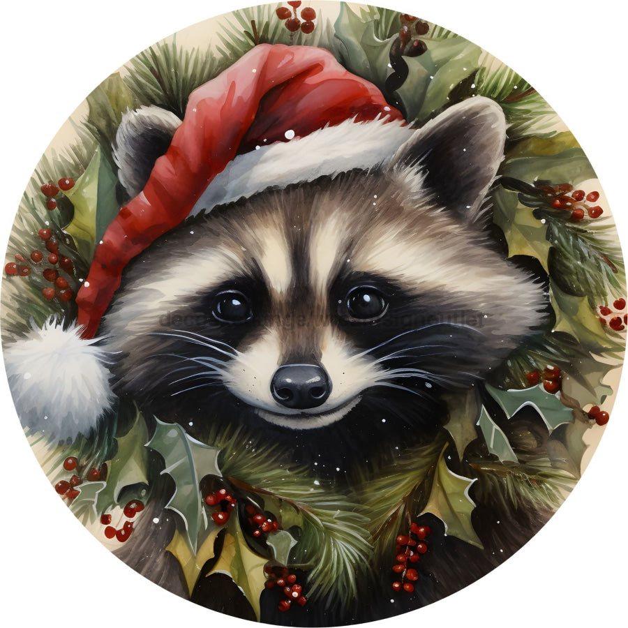 Winter Christmas Raccoon 10" Metal Wreath Sign - DECOE-4785