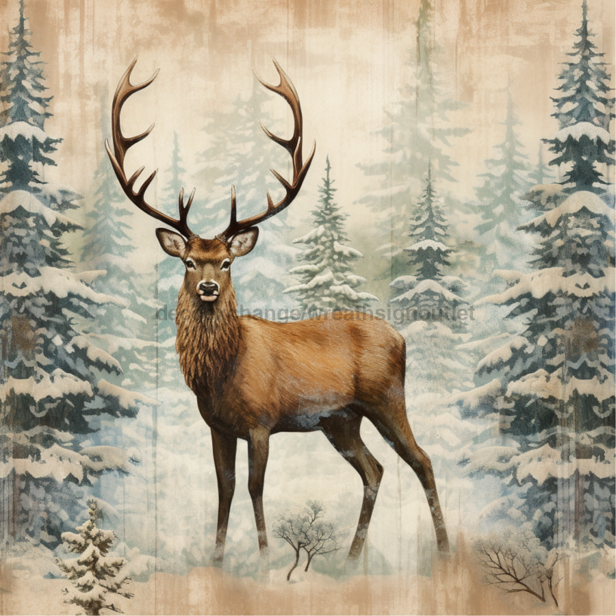 Winter Deer Vintage 10x10" Metal Wreath Sign - OAW-0015