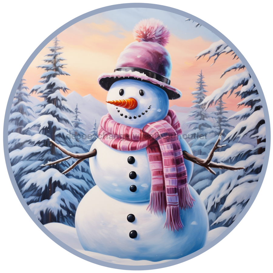 Winter Sign, Snowman Sign, DCO-00519, Sign For Wreath, 10" Round Metal Sign - DecoExchange®