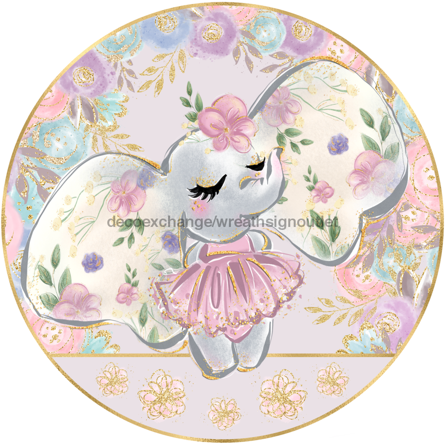 Wreath Sign, Ballerina Elephant, Round Easter Sign, Glam Easter Sign, DECOE-517, Sign For Wreath 8 round, metal sign, easter