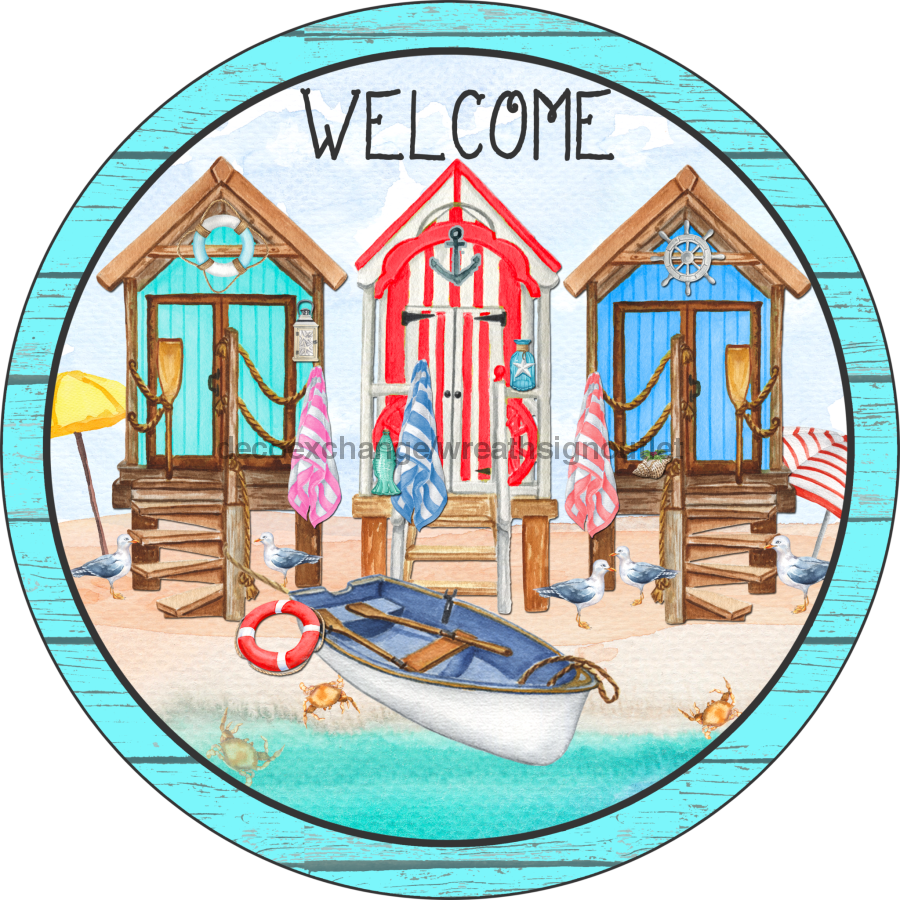 Wreath Sign, Beach Sign, Beach Welcome, 12" Round, Metal Sign, DECOE-551, DecoExchange, Sign For Wreath - DecoExchange