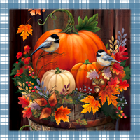 Thumbnail for Wreath Sign, Blue White Border, Finches and Pumpkins Fall Sign, 10