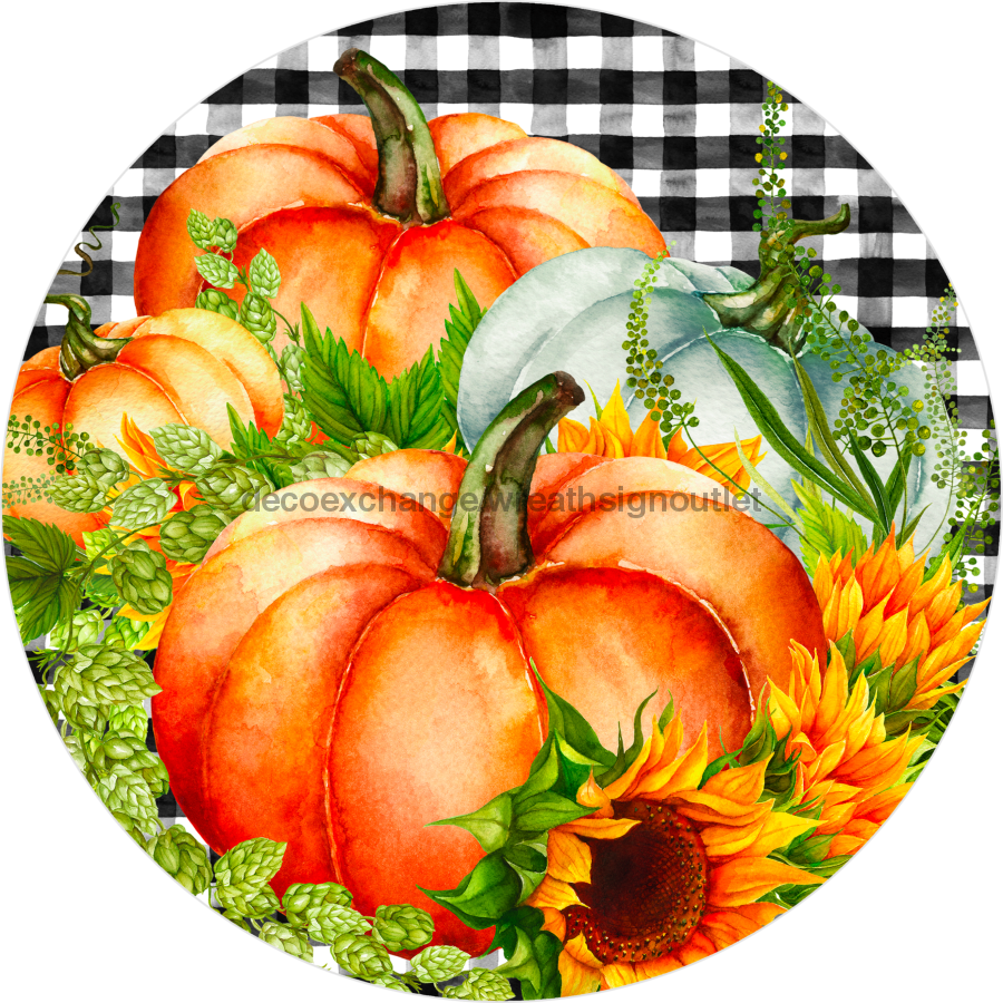 Wreath Sign, Buffalo Check Pumpkin, Fall Sign, 12" Round Metal Sign DECOE-751, Sign For Wreath, DecoExchange - DecoExchange