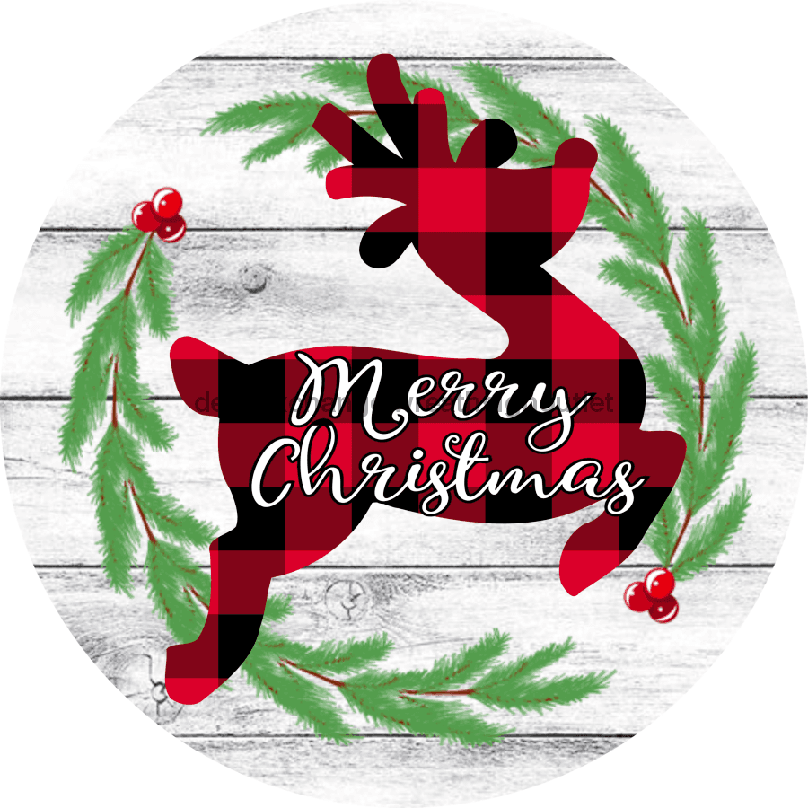 Wreath Sign, Christmas Sign, Buffalo Check Deer Sign, 12" Round Metal Sign DECOE-863, Sign For Wreath, DecoExchange - DecoExchange