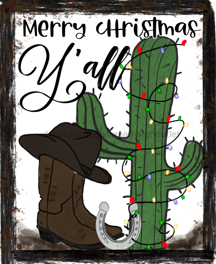 Christmas Merry Y'all Cowboy Boot 8x10" Metal Wreath Sign - DECOE-186