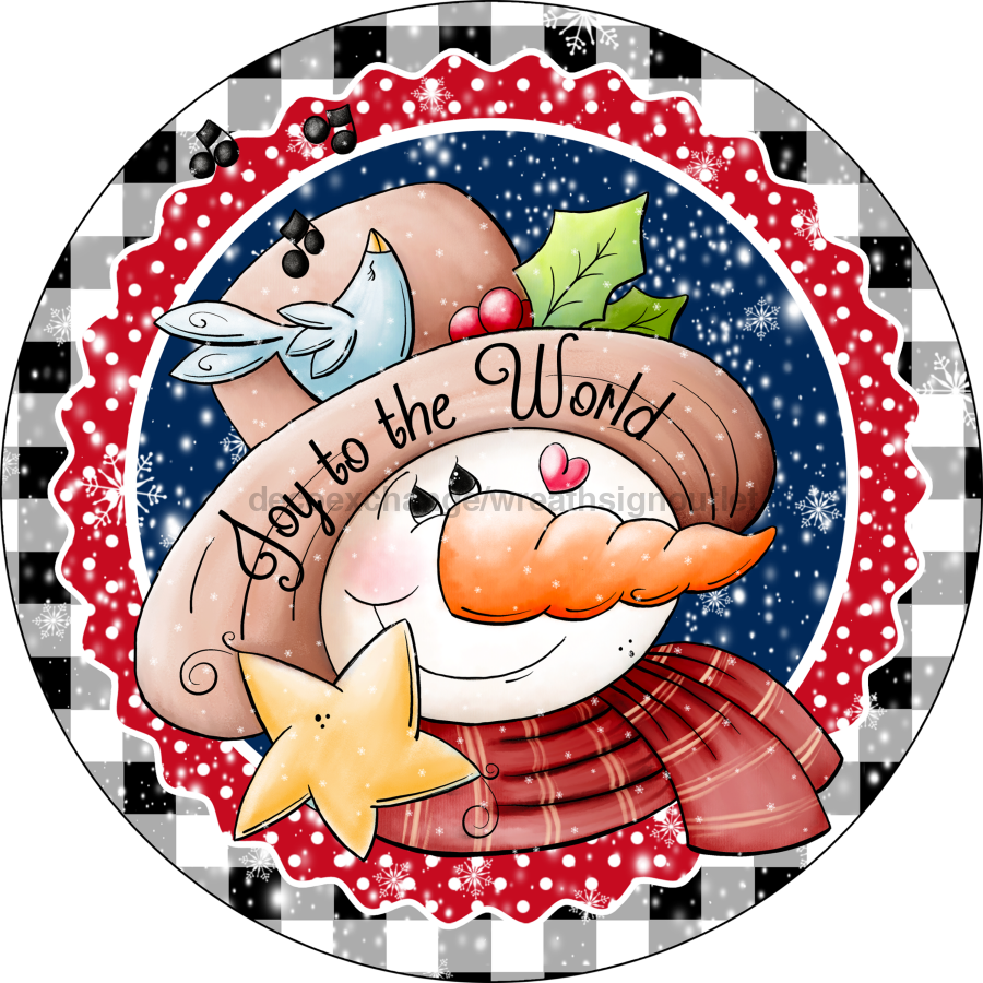 Christmas Red and White Joy Snowman 12" Metal Wreath Sign - DECOE-130A
