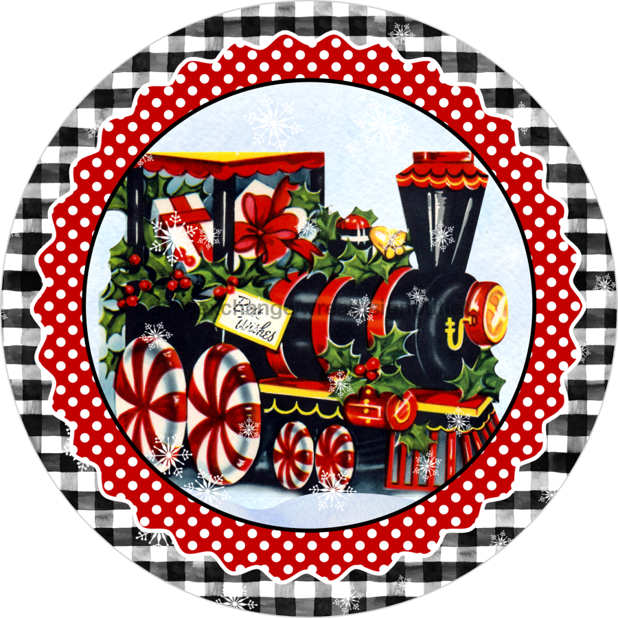 Wreath Sign, Christmas Train Sign, Christmas Sign, 10" Round Metal Sign DECOE-817, Sign For Wreath, DecoExchange - DecoExchange