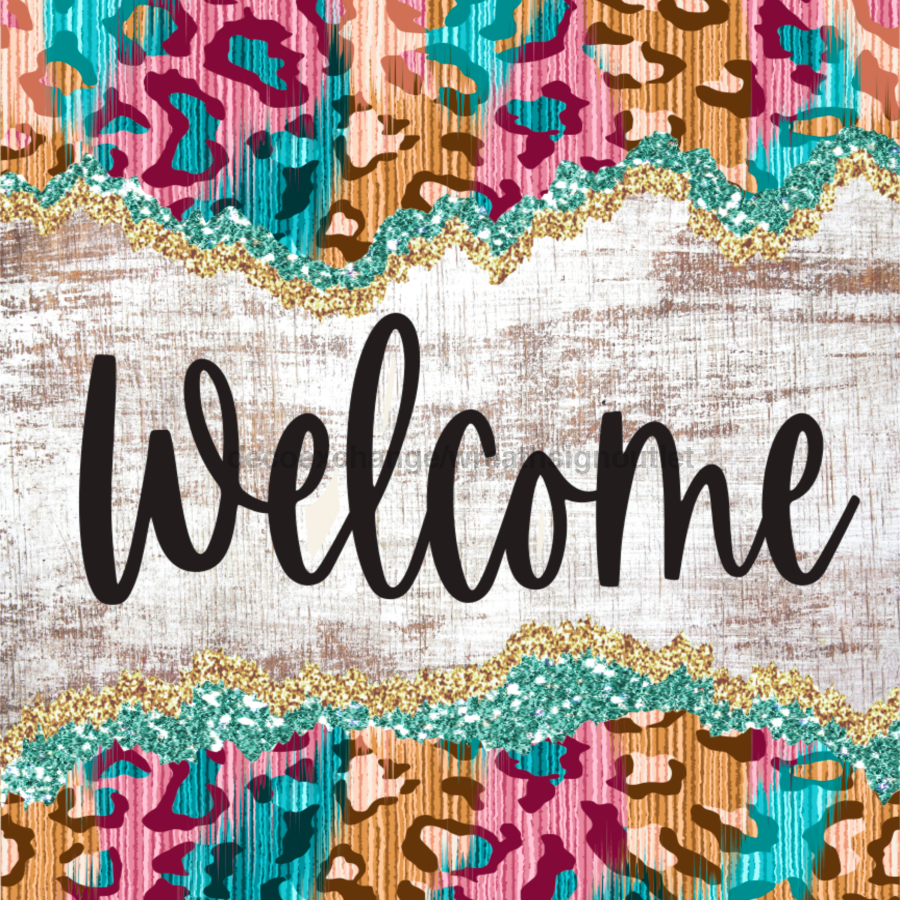 Colorful Leopard Welcome 10x10" Metal Wreath Sign - DECOE-247