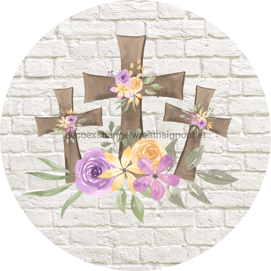 Wreath Sign, Easter Sign, Easter Crosses 12" Round Metal Sign DECOE-413, Sign For Wreath, DecoExchange - DecoExchange