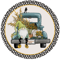 Thumbnail for Fall Gnome Back of Blue Truck 12" Metal Wreath Sign - DECOE-067A