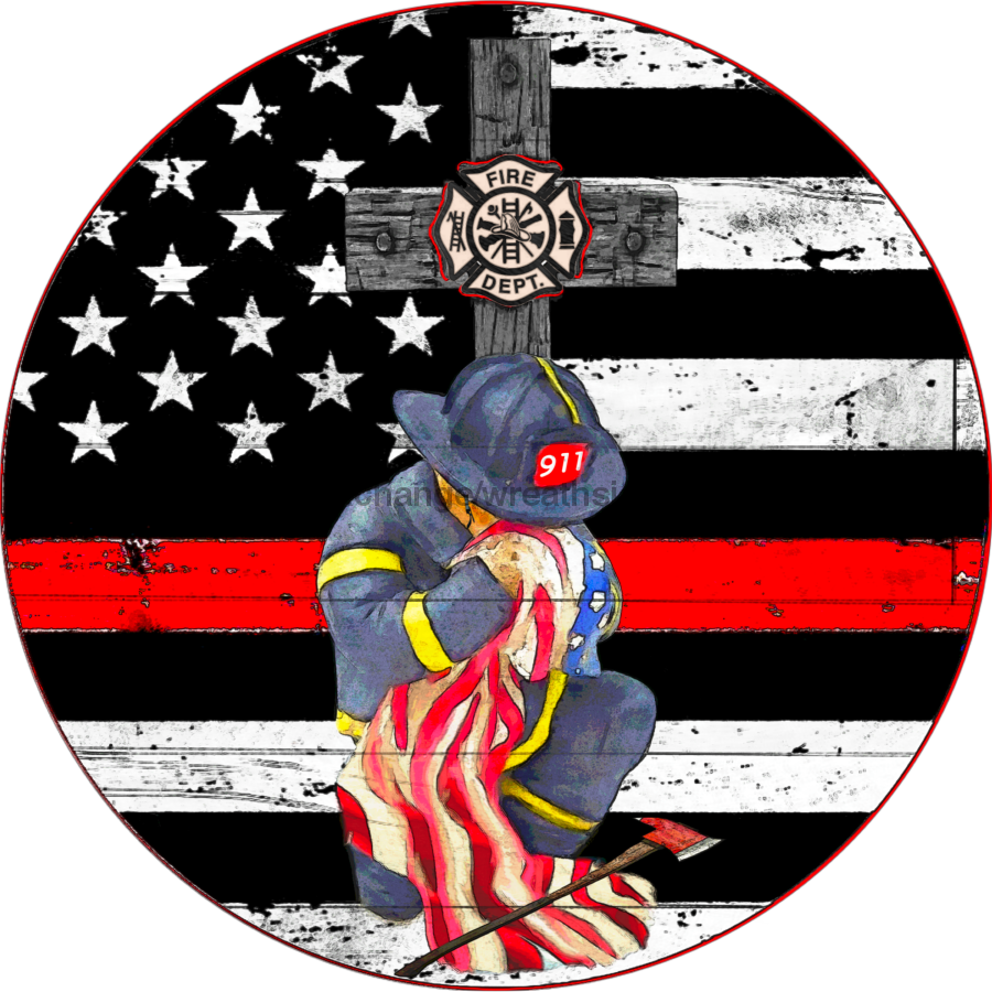 Wreath Sign, Firefighter Sign, USA Sign, 10" Round Metal Sign DECOE-842, Sign For Wreath, DecoExchange - DecoExchange
