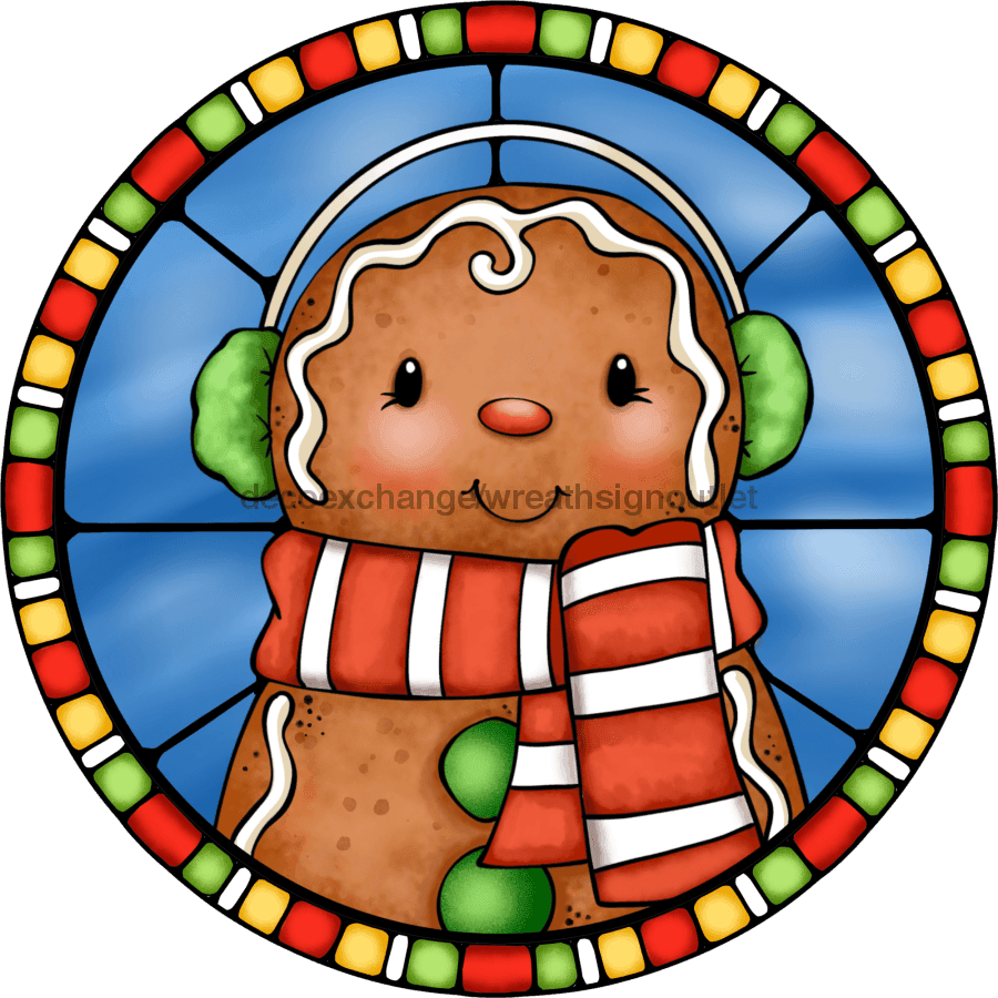 Wreath Sign, Gingerbread Sign, Christmas Sign, Stained Glass, DECOE-1109, Sign For Wreath,  wood wreath sign, 10 round, christmas