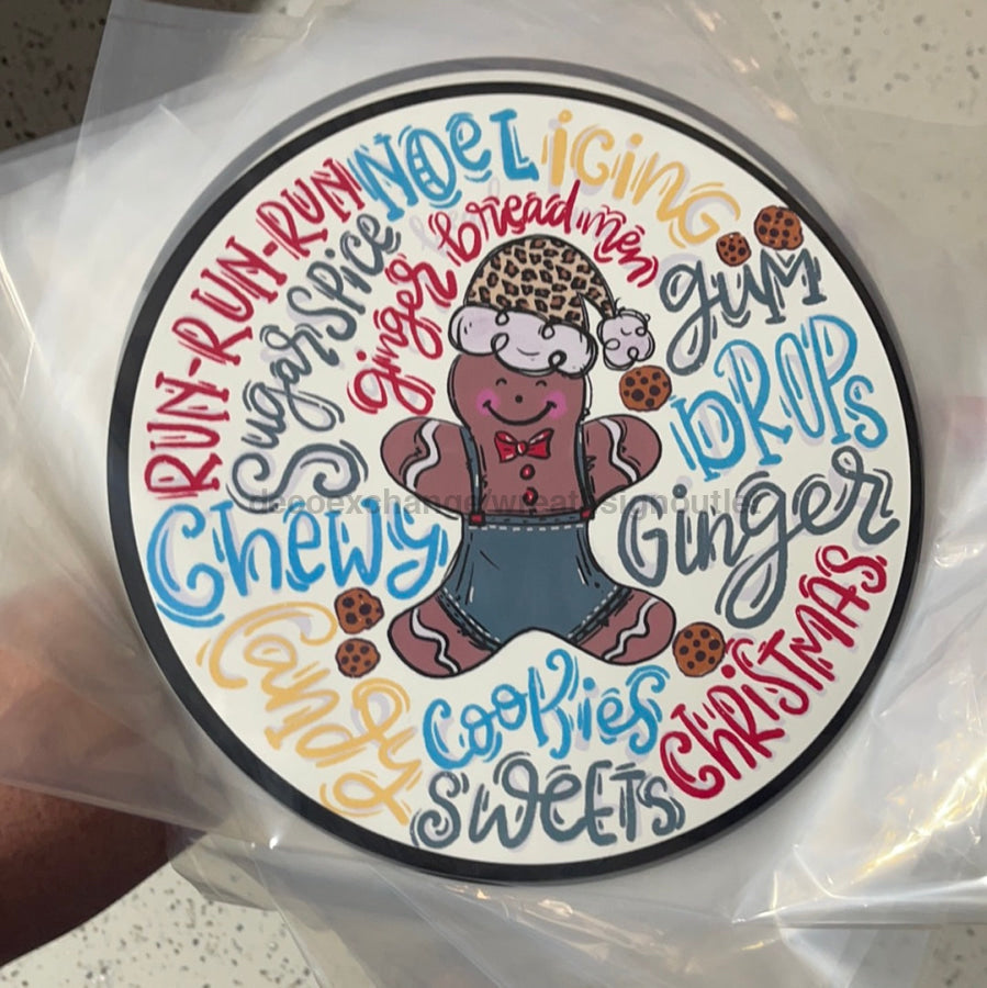 Gingerbread Typography Blue 10" Metal Wreath Sign - DECOE-197D