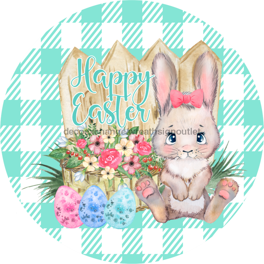 Wreath Sign, Green Easter Sign, Plaid Bunny, 10" Round Metal Sign DECOE-457, Sign For Wreath, DecoExchange - DecoExchange