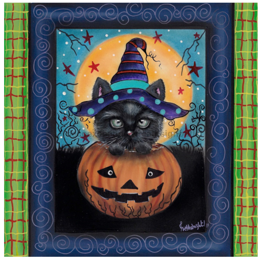 Halloween Cat In Pumpkin 10x10" Metal Wreath Sign - DECOE-058