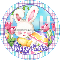 Thumbnail for Wreath Sign, Happy Easter Sign, Round Easter Sign, Plaid Easter, DECOE-538, Sign For Wreath 8 round, metal sign, easter