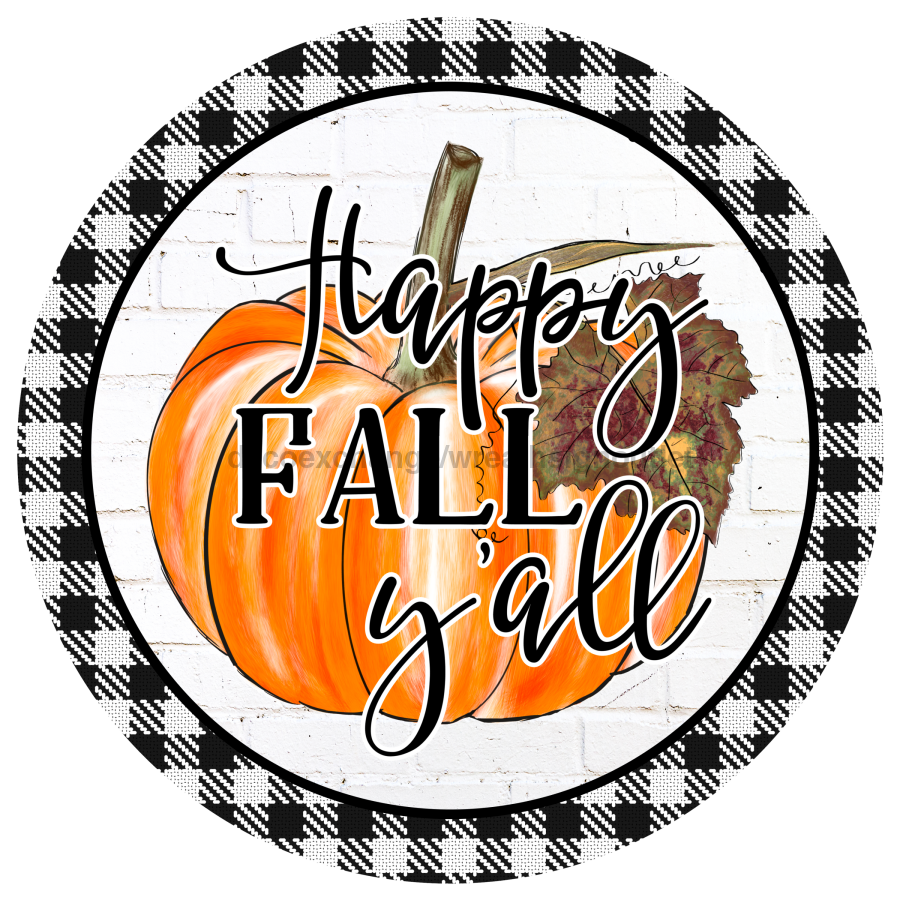 Happy Fall Yall Pumpkin Buffalo Check 12" Metal Wreath Sign - DECOE-202A