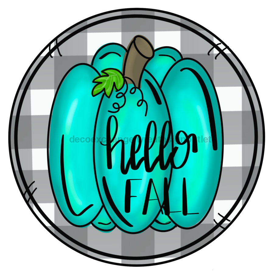 Hello Fall Teal Pumpkin Buffalo Check 10" Wood Wreath Sign - DECOE-166-D