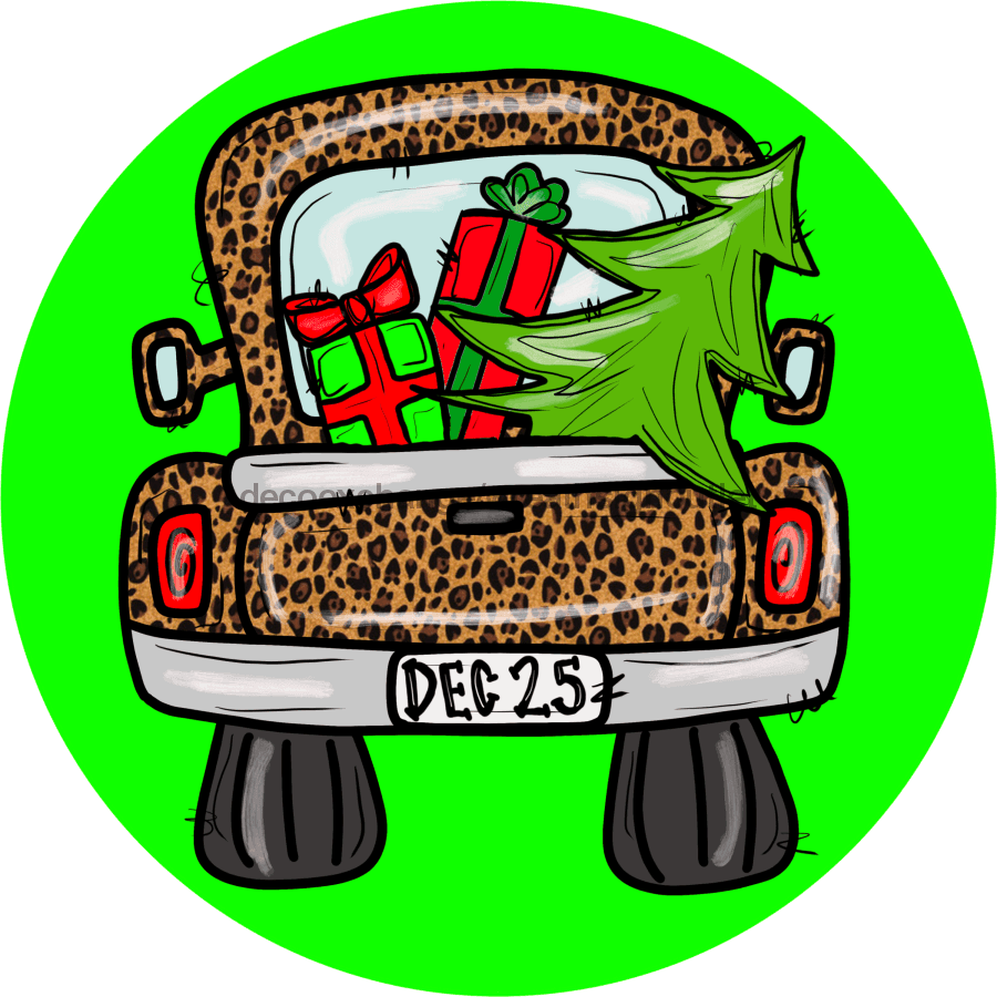 Wreath Sign, Leopard Christmas Truck, 10" Round, Metal Sign, DECOE-698, DecoExchange, Sign For Wreath - DecoExchange