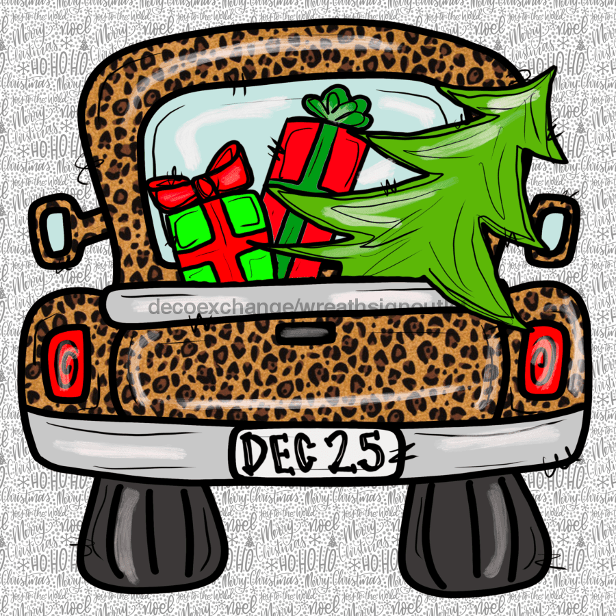 Wreath Sign, Leopard Truck Sign, Christmas Sign, 10"x10" Metal Sign, DECOE-953, Sign For Wreath, DecoExchange - DecoExchange