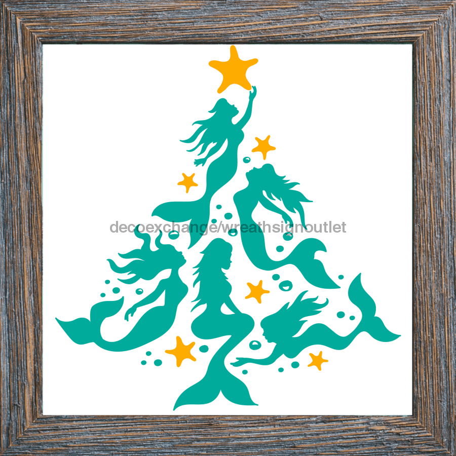 Wreath Sign, Mermaid Tree, Beach Christmas Sign, 10"x10" Metal Sign, DECOE-972, Sign For Wreath, DecoExchange - DecoExchange