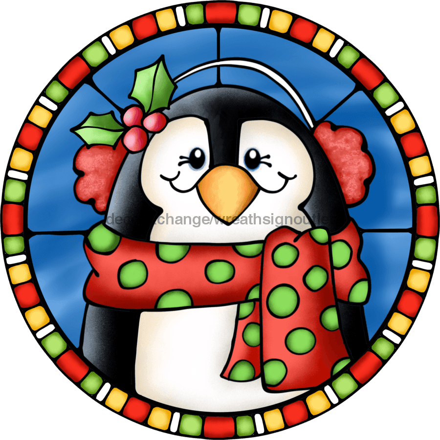 Wreath Sign, Penguin Sign, Winter Sign, Stained Glass, DECOE-1114, Sign For Wreath metal sign, 12 round, christmas