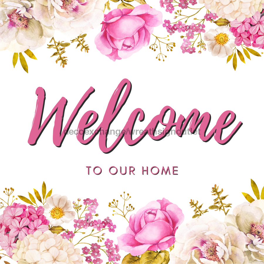 Wreath Sign, Pink Floral Welcome, 10"x10" Metal Sign DECOE-605, Sign For Wreath, DecoExchange - DecoExchange