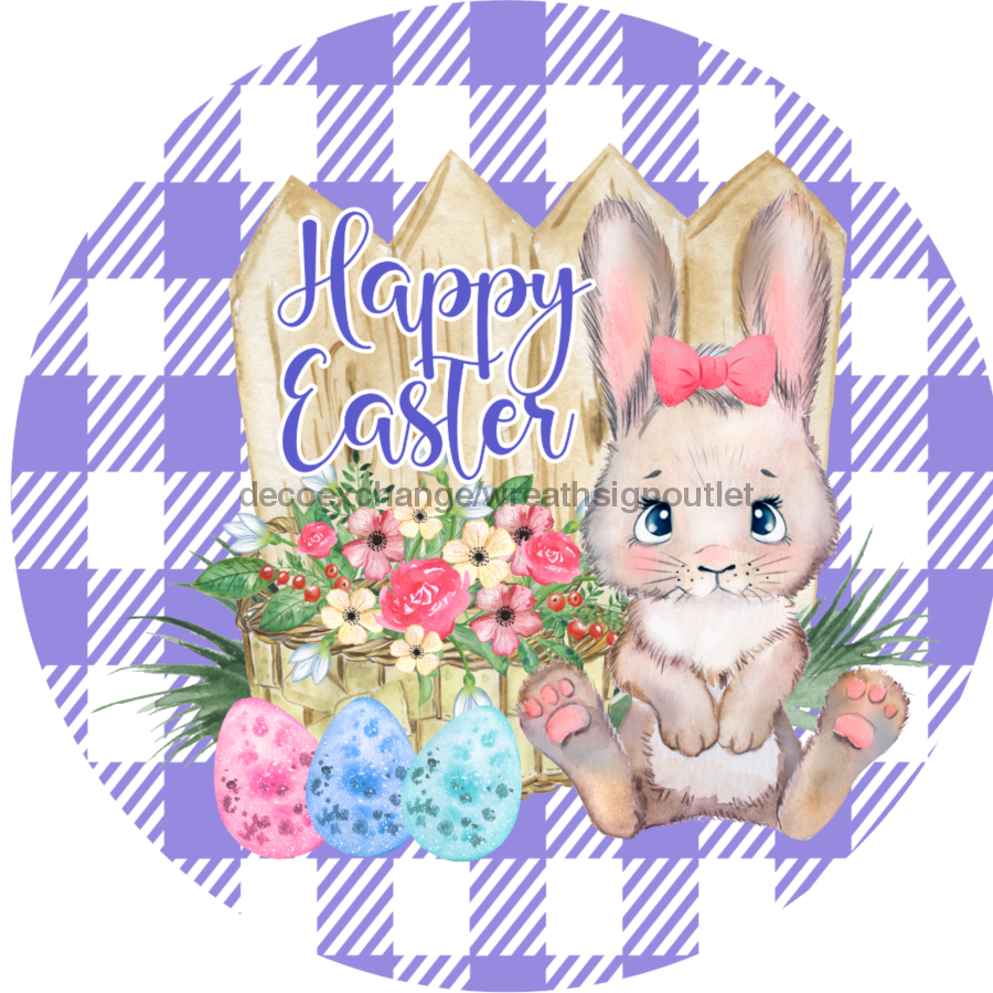 Wreath Sign, Purple Easter Sign, Plaid Bunny, 10" Round Metal Sign DECOE-458, Sign For Wreath, DecoExchange - DecoExchange