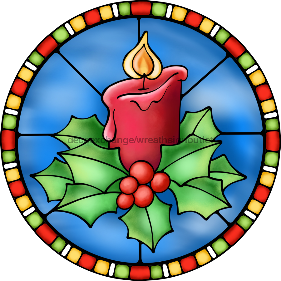 Wreath Sign, Red Candle Sign, Christmas Sign, Stained Glass, DECOE-1102, Sign For Wreath 8 round, metal sign, christmas