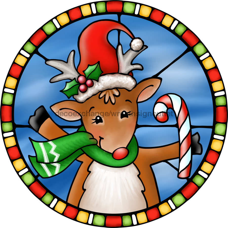 Wreath Sign, Reindeer Sign, Christmas Sign, Stained Glass, DECOE-1115, Sign For Wreath, DecoExchange - DecoExchange