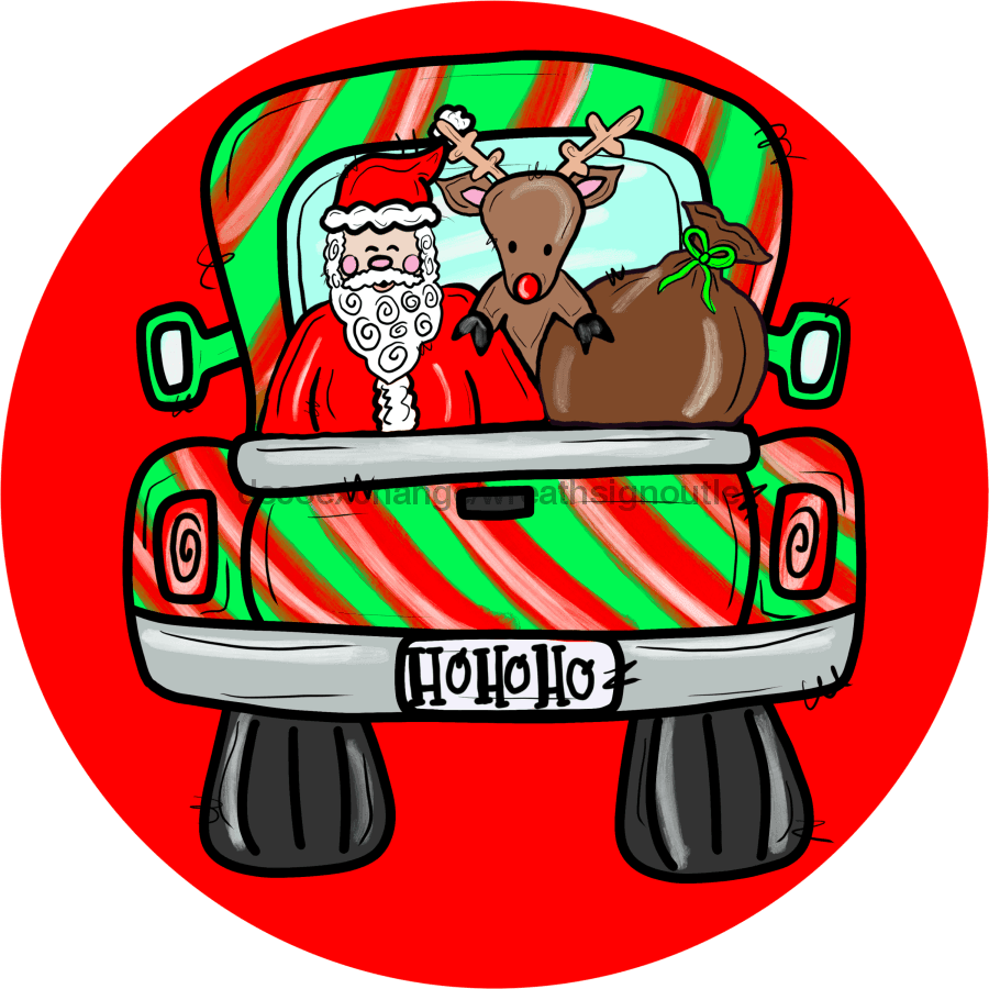 Wreath Sign, Santa Christmas Truck, 12" Round, Metal Sign, DECOE-701, DecoExchange, Sign For Wreath - DecoExchange