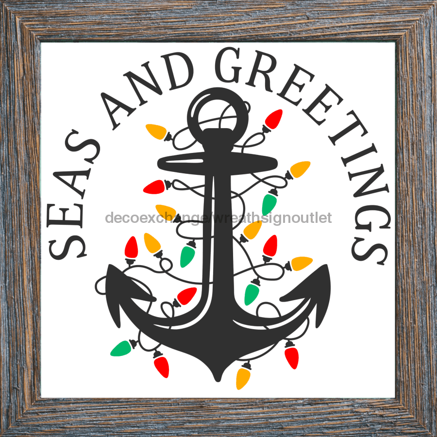 Wreath Sign, Seas and Greetings, Beach Christmas Sign, 10"x10" Metal Sign, DECOE-971, Sign For Wreath, DecoExchange - DecoExchange