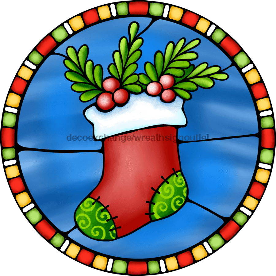 Wreath Sign, Stocking Sign, Christmas Sign, Stained Glass, DECOE-1119, Sign For Wreath 8 round, metal sign, christmas