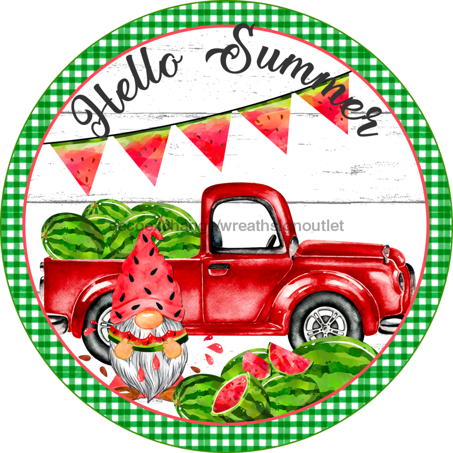 Wreath Sign, Summer Sign, Truck and Watermelon Sign, 12" Round Metal Sign DECOE-834, Sign For Wreath, DecoExchange - DecoExchange
