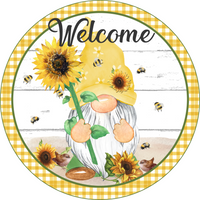 Thumbnail for Sunflower Gnome Welcome 10" Metal Wreath Sign - DECOE-275