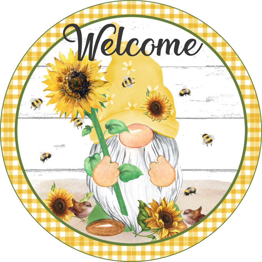 Sunflower Gnome Welcome 18" Wood Door Hanger - DECOE-275-DH