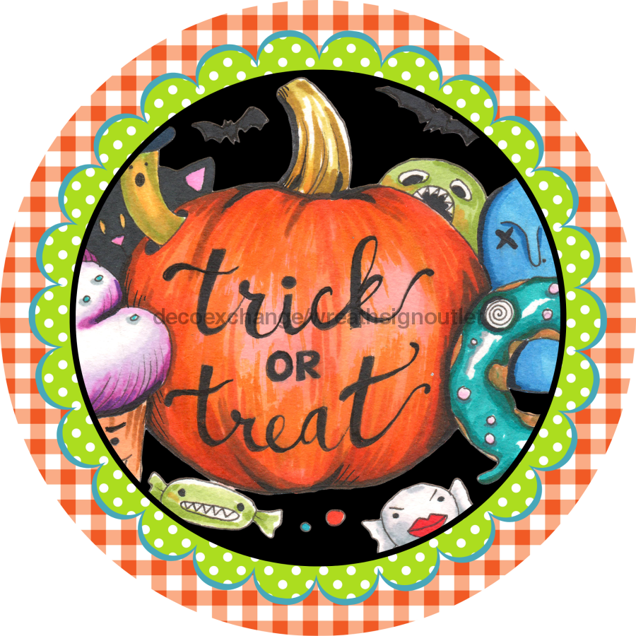 Wreath Sign, Trick or Treat Sign, Halloween Sign, DECOE-2100, Sign For Wreath, Round Sign 8 round, metal sign, halloween