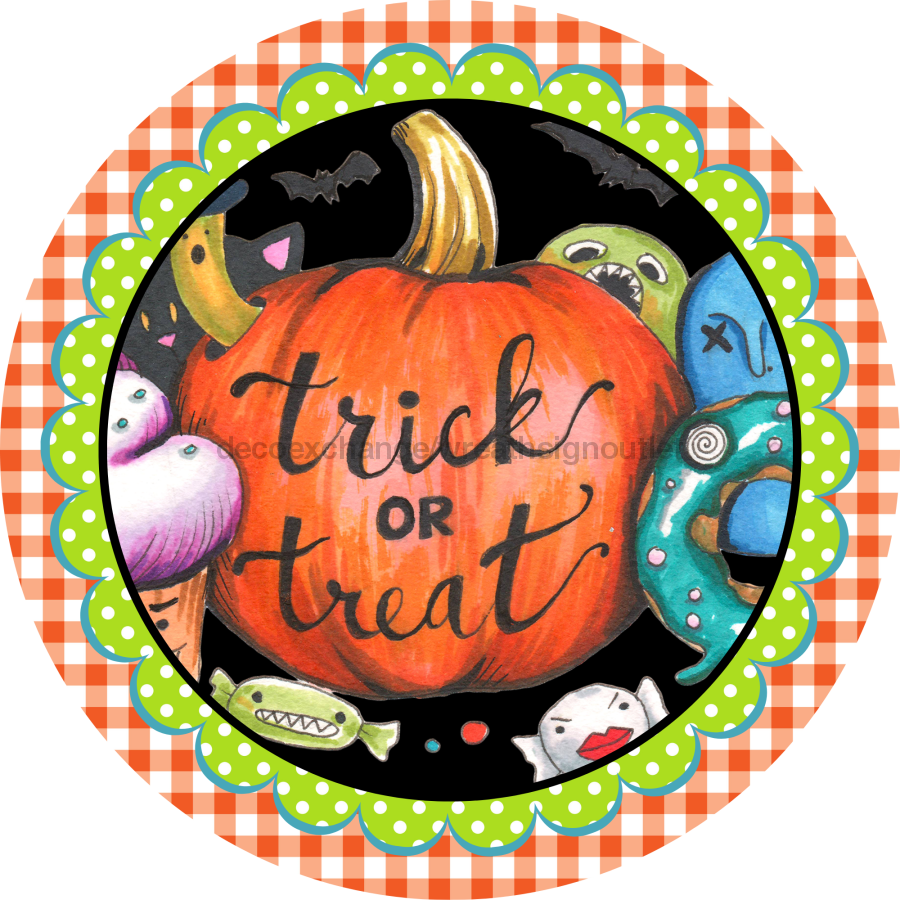 Wreath Sign, Trick or Treat Sign, Halloween Sign, DECOE-2100, Sign For Wreath, Round Sign, DecoExchange - DecoExchange¬Æ