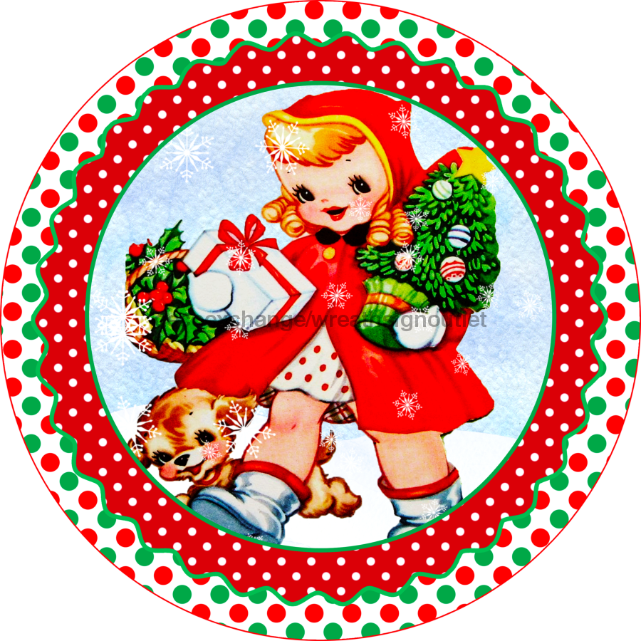 Wreath Sign, Vintage Christmas Sign, Christmas Girl, 10" Round, Metal Sign, DECOE-752, DecoExchange, Sign For Wreath - DecoExchange