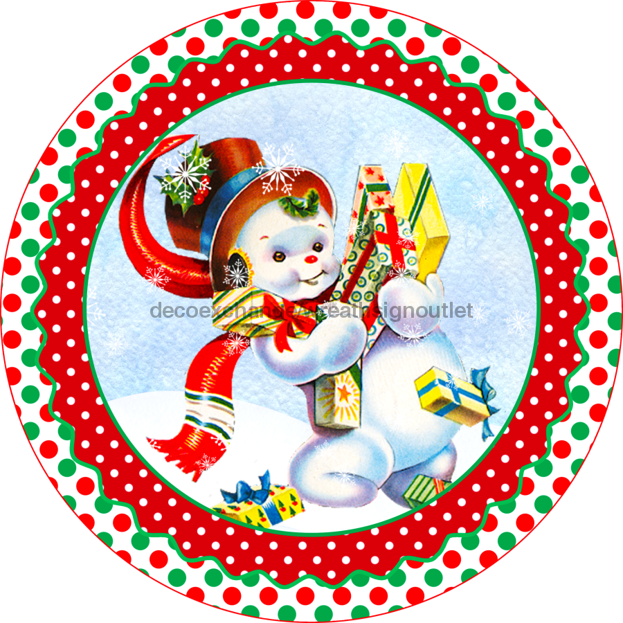 Wreath Sign, Vintage Christmas Sign, Snowman Sign, 12" Round, Metal Sign, DECOE-667, DecoExchange, Sign For Wreath - DecoExchange