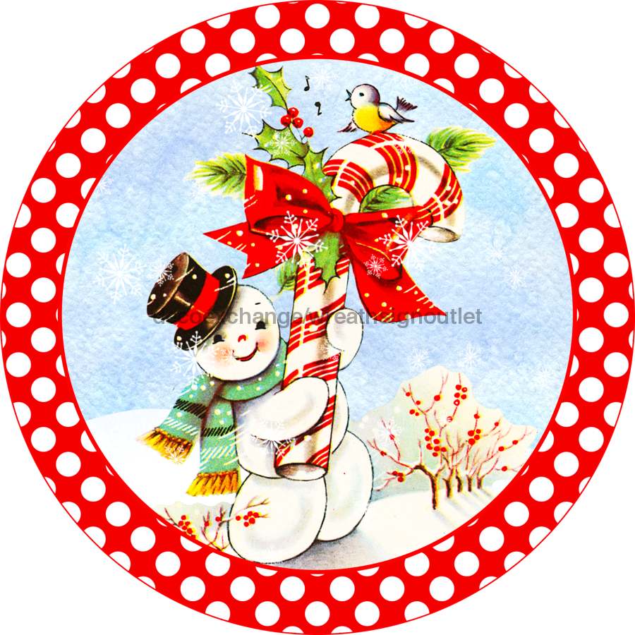 Wreath Sign, Vintage Christmas Sign, Snowman Sign, 12" Round, Metal Sign, DECOE-883, DecoExchange, Sign For Wreath - DecoExchange