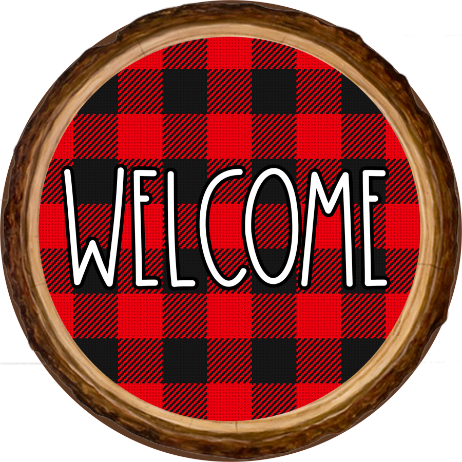 Welcome Buffalo Check Red 10" Metal Wreath Sign - DECOE-179