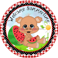 Thumbnail for Wreath Sign, Welcome Summer Sign, Watermelon Sign, Pig Sign, DECOE-528, Sign For Wreath,  wood wreath sign, 10 round, summer, pet