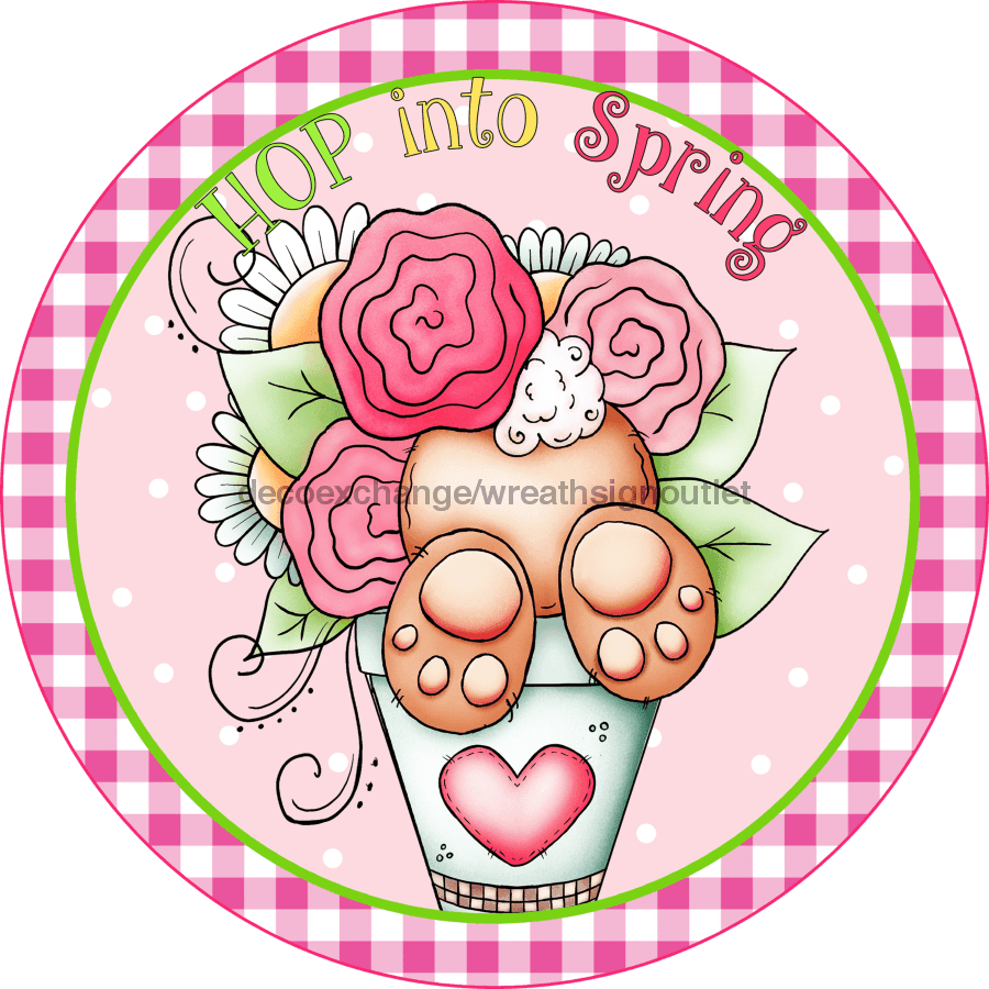 Wreath Sign, Whimsical Easter, Round Easter Sign, Hop Into Spring, DECOE-510, Sign For Wreath,  wood wreath sign, 10 round, easter