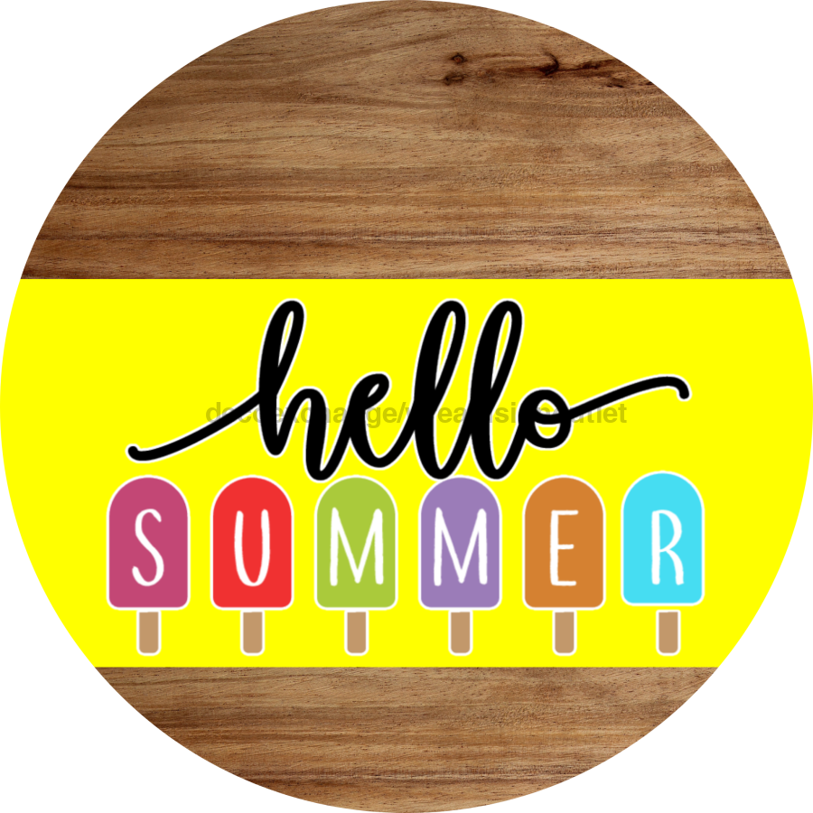 Yellow Hello Summer Door Hanger Dco-01643-Dh-Y 18’ Round Wood