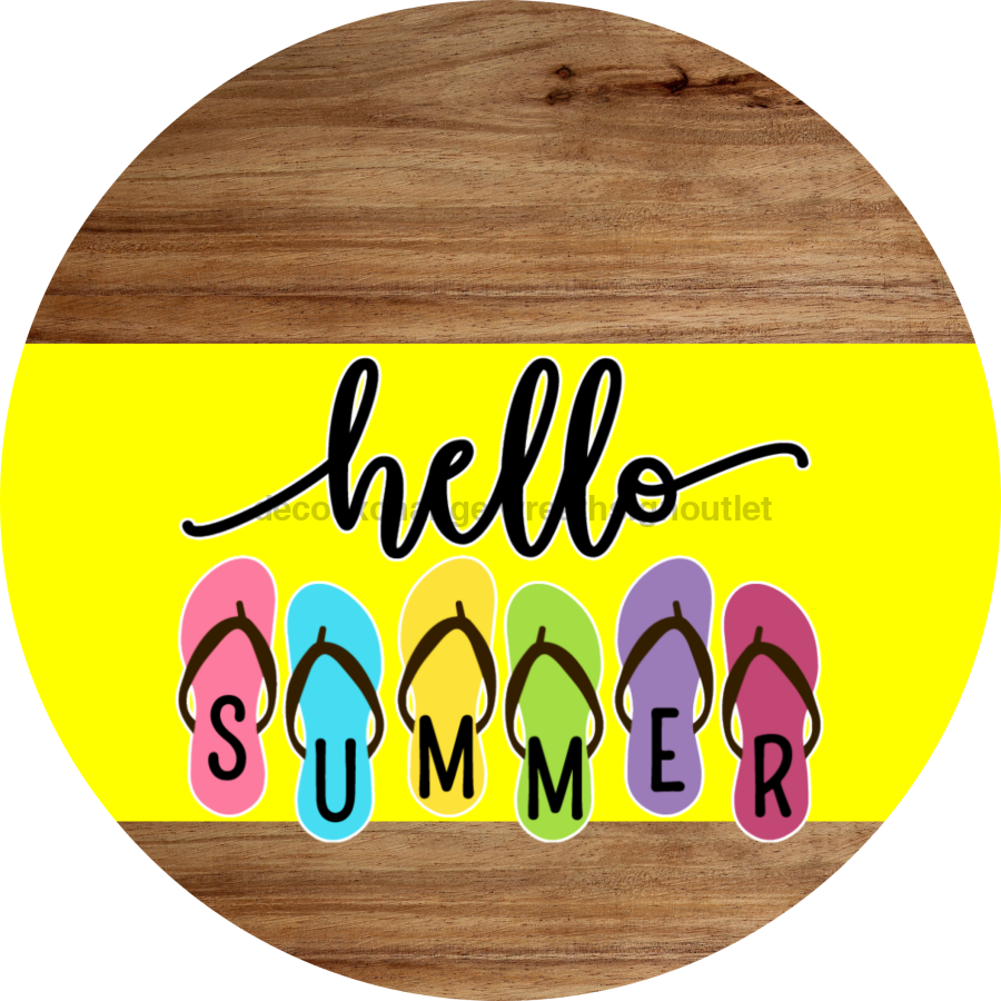 Yellow Hello Summer Flip Flop Door Hanger Dco-01644-Dh-Y 18’ Round Wood