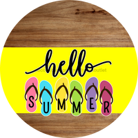 Thumbnail for Yellow Hello Summer Flip Flop Door Hanger Dco-01644-Dh-Y 18’ Round Wood