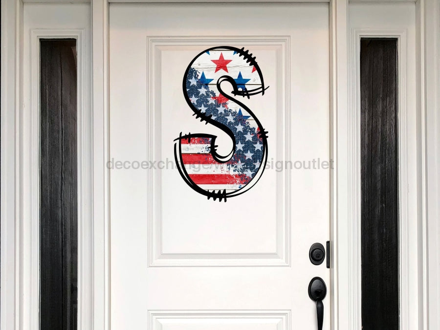 Custom Patriotic Initial Sign Door Hanger Rustic Wood Sign Decoe-W-307 22 S