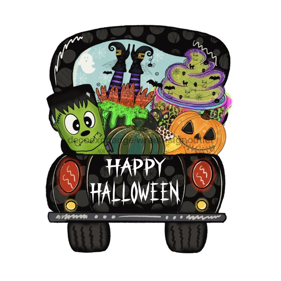 Halloween Truck, Happy Halloween, wood sign, DECOE-W-016 wreath size wood, wood wreath sign, halloween