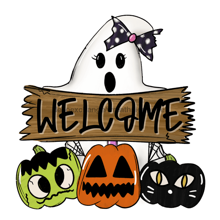 Halloween Welcome Ghost, wood sign, DECOE-W-015 wreath size wood, wood wreath sign, halloween